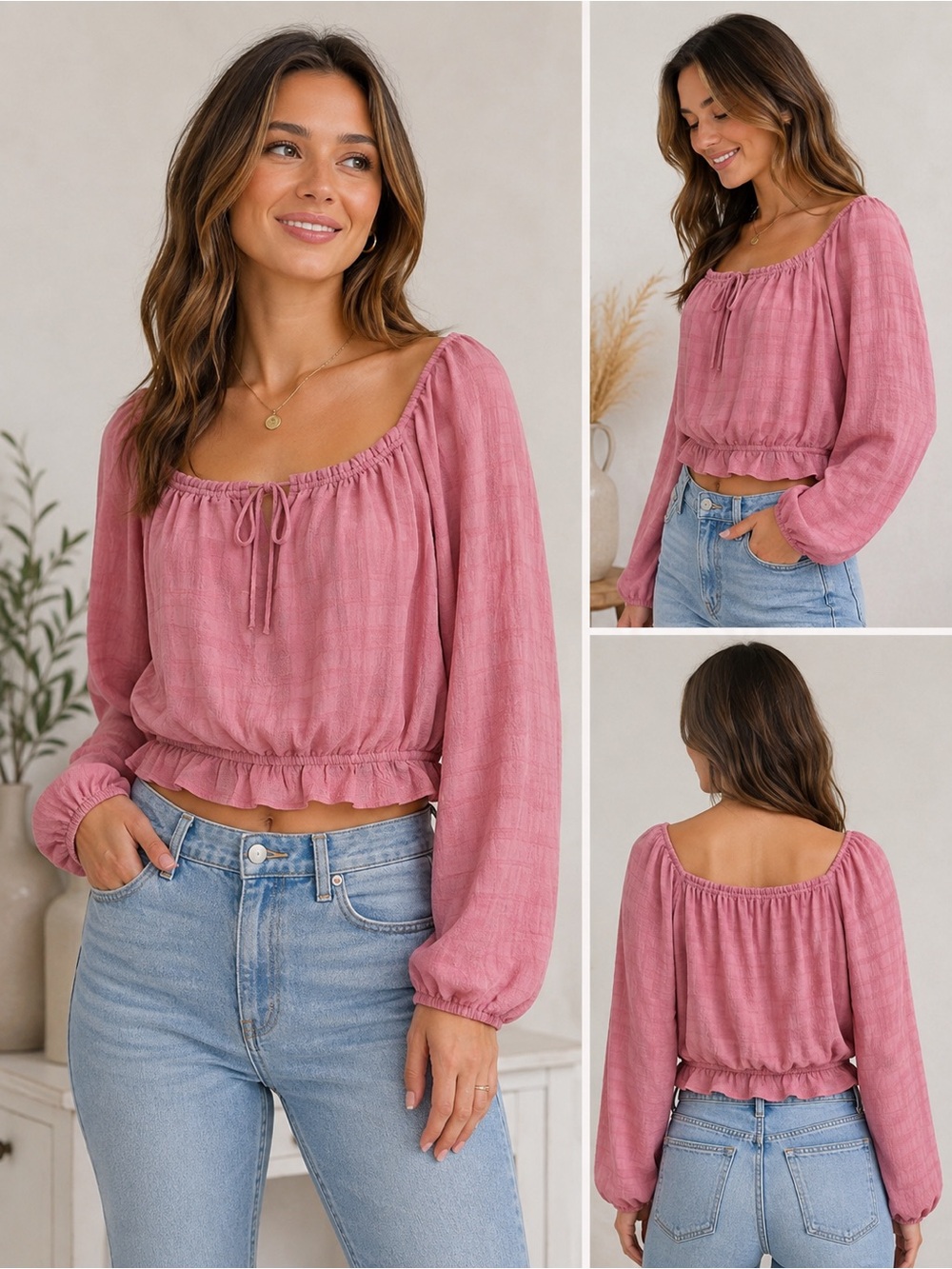 Lush Pink Peasant Blouse Women’s Size L Long Sleeve Boho Ruffle Tie Front Top